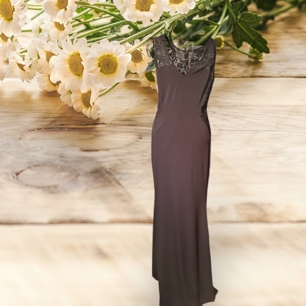 STARS Black Floor Length Fitted Dress Sz Small With Lace Cut Out Detail Zip